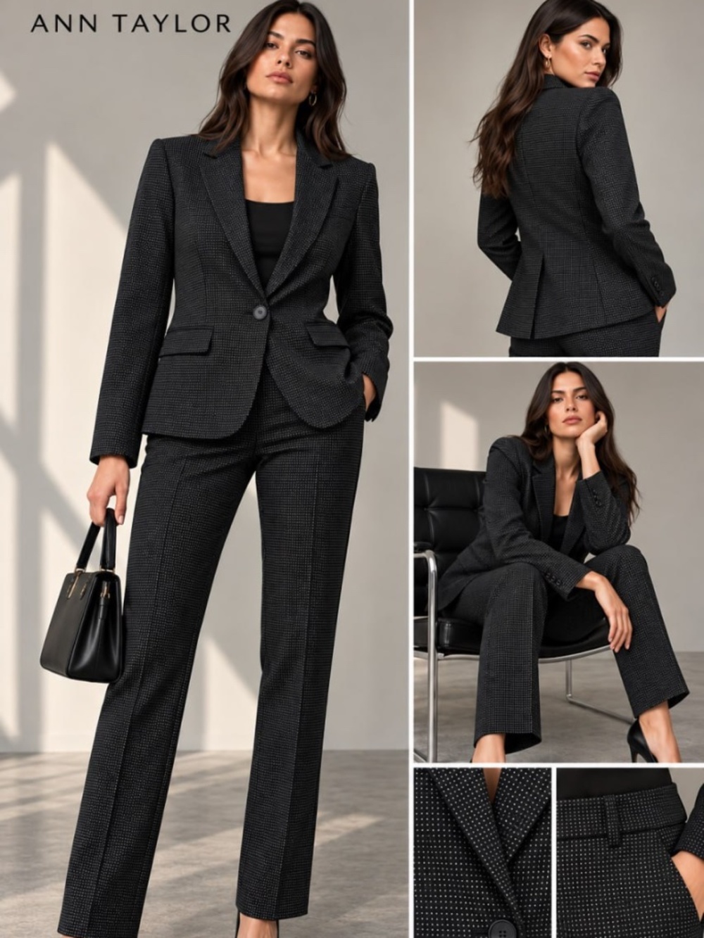 NEW Ann Taylor Curvy Fit Women’s Suit Blazer Pants Set Size 12 Black Micro Dot